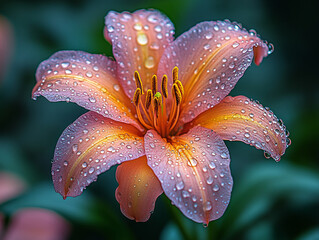 Macro shot of a cute Lily flower in jungle with water drops on it.  