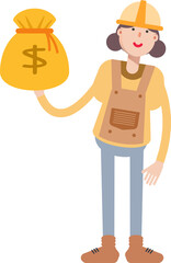 Woman Engineer Character Holding Dollar Sack

