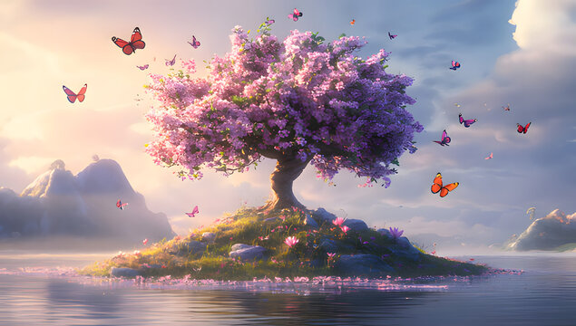 cute tree with glowing pink and purple flowers blooming in a dreamy landscape 3d