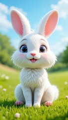 Obraz premium Cute white cartoon rabbit in grass field with spring feel