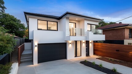 Stunning modern home features white walls, black window frames, and elegant landscaping as dusk settles in Poland's serene environment