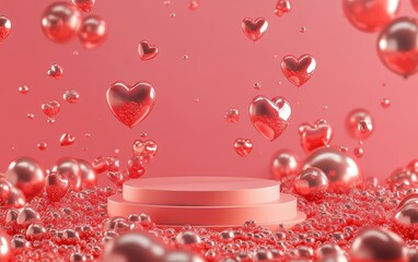 Obraz premium Love is in the Air: A romantic and enchanting 3D scene with a soft pink podium surrounded by a field of glistening, metallic hearts. Perfect for product displays and romantic concepts.