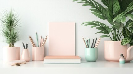 Fototapeta premium Pastel colors sticky notes blank a stack of neatly arranged on a white desk with no other objects.