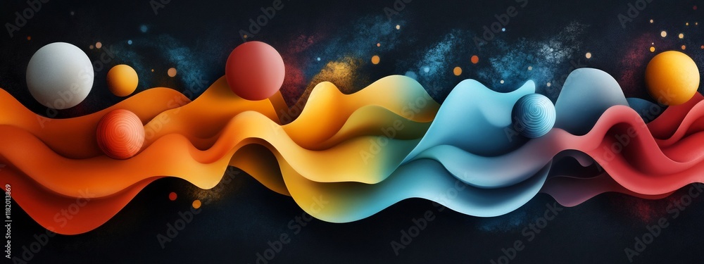 Poster vibrant cosmic waves mesmerizing abstract fractal fluid motion and sound visualization with swirling
