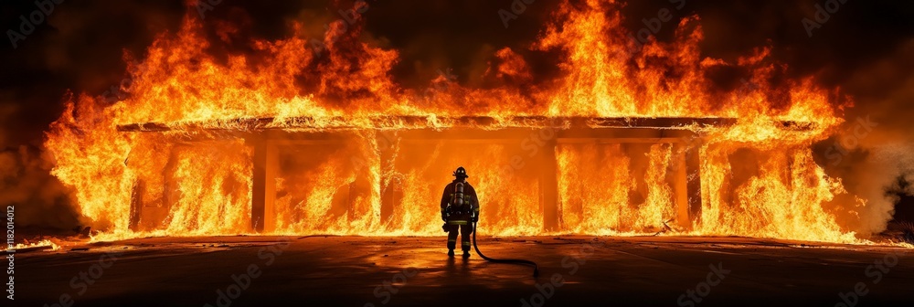 Poster brave firefighter standing in front of burning building engulfed in flames at night, demonstrating c