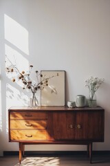 Mid-century sideboard with minimalist decor, featuring vases and dried flowers, bathed in natural sunlight. Perfect for interior inspiration.