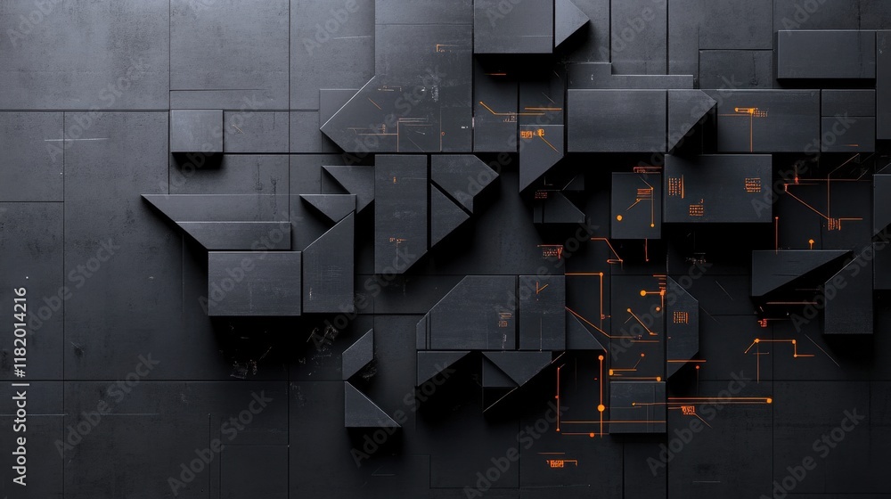 Poster geometric pattern of dark blocks with orange lines in a digital, futuristic style