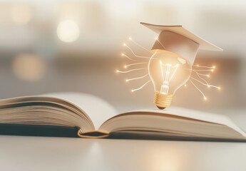 Lightbulb with Graduation Cap Over Open Book
