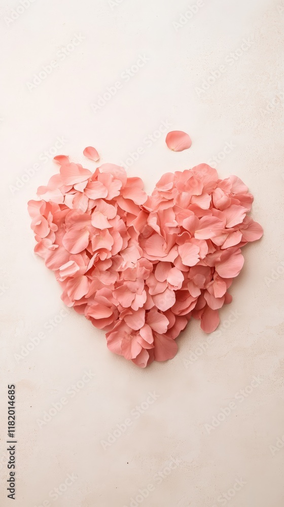 Poster delicate pink petals arranged in a heart shape on a textured white background create a romantic imag