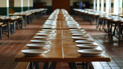 A long dining table set with empty plates, ready for a communal meal.