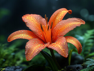 Macro shot of a cute Lily flower in jungle with water drops on it.  