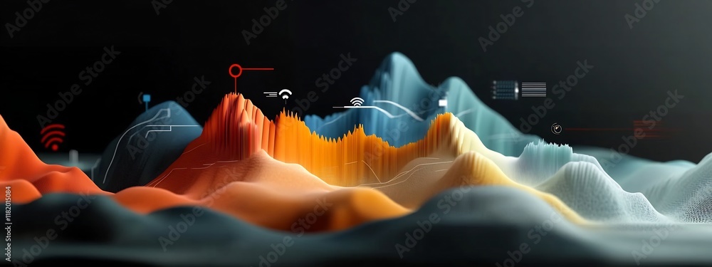 Poster a 3d rendered abstract digital landscape visualizing the frequency allocation for different types of