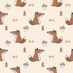 Fox cartoon so cute. On tree cloud snow star background. Pattern seamless vector illustration. 