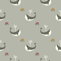 Whale cartoon so cute. On flower background. Pattern seamless vector illustration. 