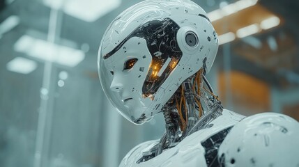 Fototapeta premium Close-up of a futuristic white robot head and upper body, with visible inner workings and glowing orange accents, in a modern, industrial setting.
