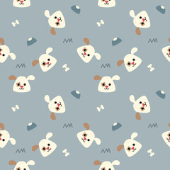 Face dog cartoon so cute. On bone bowl dog background. Pattern seamless vector illustration. 