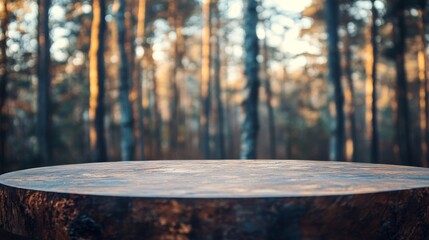 Wood table top in front of of trees in the forest. blur background image, for product display montage
