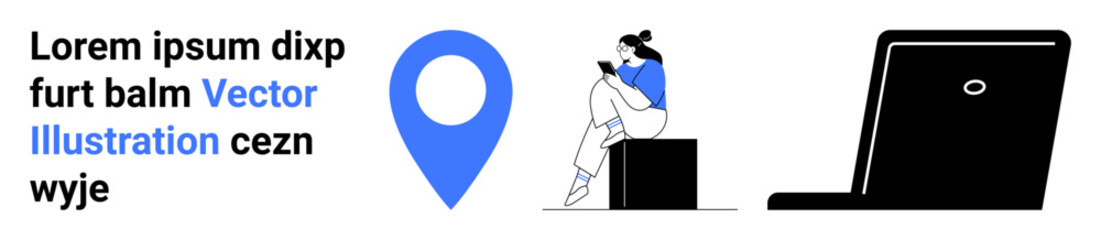 Woman seated, using smartphone next to geolocation symbol and laptop. Ideal for tech services, navigation apps, mobile connectivity, remote work, digital communication, user interaction, modern