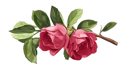 A vibrant illustration of two pink flowers with green leaves on a branch.