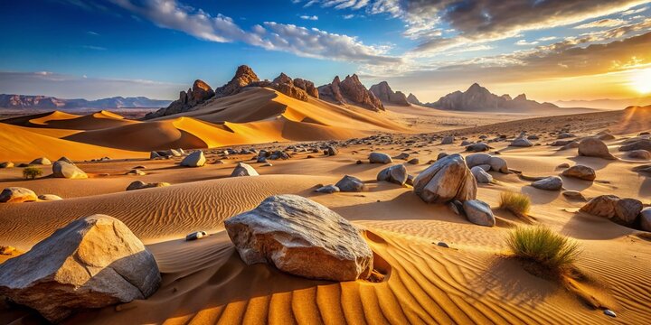 Rocky Desert Landscape: High-Resolution Sand Dunes and Stones, Isolated Background