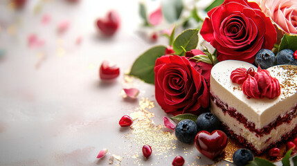 Delicious heart shaped cake with red roses, blueberries, and decorative elements