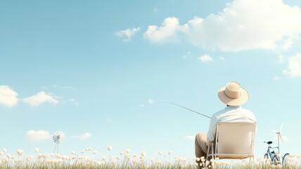 A fisherman casting his line in a peaceful Dutch canal, with charming windmills, tulips, and bicycles in the background