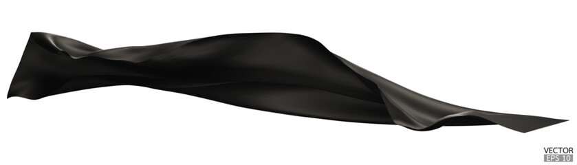 Flying black silk textile fabric flag background. Smooth elegant dark Satin Isolated on white Background for grand opening ceremony. Black curtain. 3d vector illustration