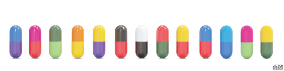 Set of 3d realistic Various colored capsules isolated on white background. Medical Pill, Capsule, Tablet, medicine drug Collection. 3D vector illustration.