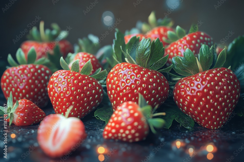 Poster Fresh strawberries arranged on a dark surface with soft bokeh lights in the background