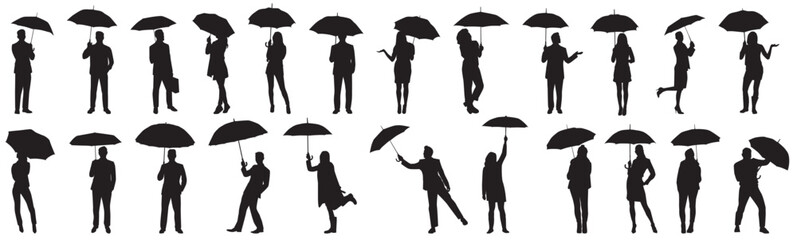 silhouettes of people, man and woman under umbrella. Collection of people under umbrella 