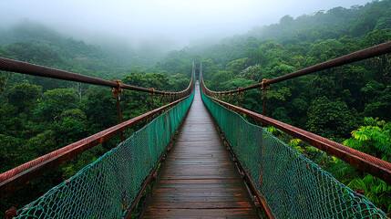 Obraz premium Misty Jungle Bridge: An Enthralling Journey into the Heart of the Rainforest