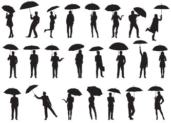 silhouette of people walking under umbrella. Set of people under umbrella . 
