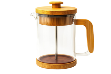Sleek glass French press with bamboo accents on a minimalist kitchen counter at midday