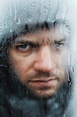 Man Looking Through Foggy Wet Glass Window
