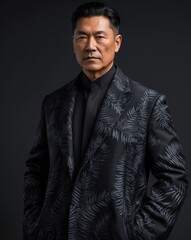 Fototapeta premium A confident man in an elegant black suit with a leaf pattern, posing against a dark background, exuding sophistication and style.