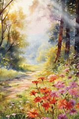 Fototapeta premium watercolor painting autumn in the forest