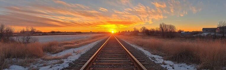 Fototapeta premium A high-angle shot of railway tracks at sunrise, symbolizing journeys and progress. Perfect for travel, transportation, and inspirational-themed projects