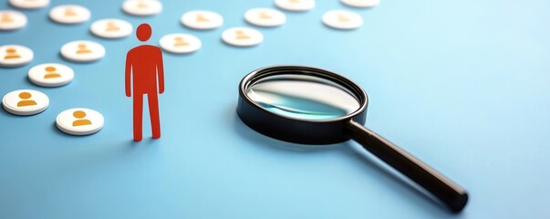 Fototapeta premium Magnifying Glass Over Person Icons on Blue Background