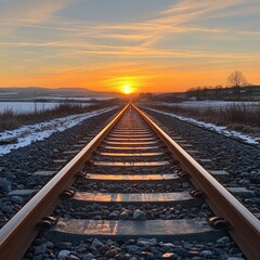Fototapeta premium A high-angle shot of railway tracks at sunrise, symbolizing journeys and progress. Perfect for travel, transportation, and inspirational-themed projects