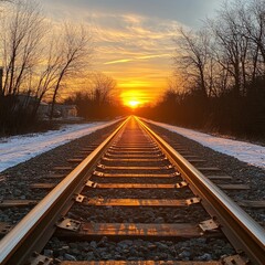 Fototapeta premium A high-angle shot of railway tracks at sunrise, symbolizing journeys and progress. Perfect for travel, transportation, and inspirational-themed projects