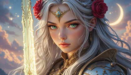 Fairytale princess warrior woman with sword, roses, and celestial background.