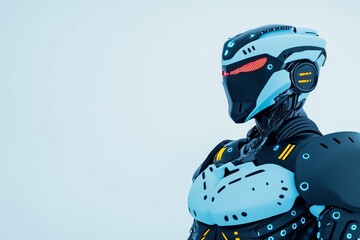 Fototapeta premium Futuristic Armored Robot with Gold Accents - A sleek, futuristic robot in dark gray armor with striking gold accents. It symbolizes technological advancement, artificial intelligence, cybernetics, 