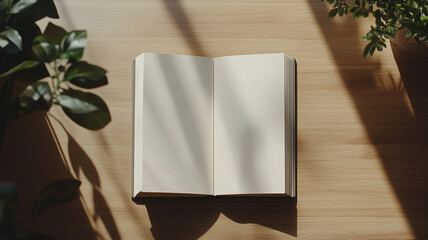 Fototapeta premium A closed blank notebook mockup on a light gray surface, with a cup of coffee on the side and faint natural lighting, ideal for creative workspaces