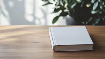 A closed blank notebook mockup on a light gray surface, with a cup of coffee on the side and faint natural lighting, ideal for creative workspaces