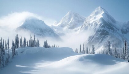 Serene winter landscape with snow-covered mountains and evergreen trees.