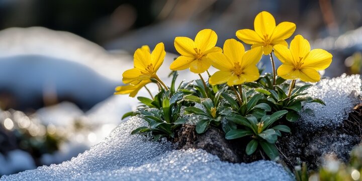 Yellow eranthis bloom emerges in a garden, showcasing vibrant yellow eranthis petals contrasting against the lingering snow, creating a stunning spring flower display in nature.