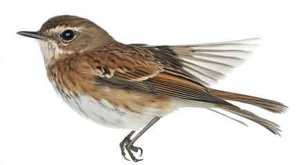Fototapeta premium Brown Bird with Detailed Plumage in Mid-Flight Against White Background