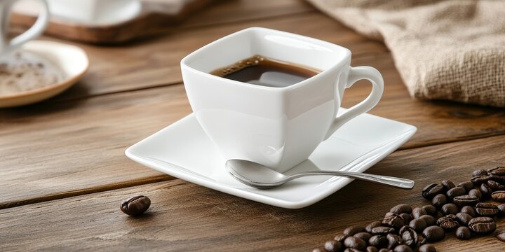 Vintage style square white porcelain cup and saucer set displayed on a wooden table, featuring coffee, coffee beans, and a spoon for an appealing coffee experience.