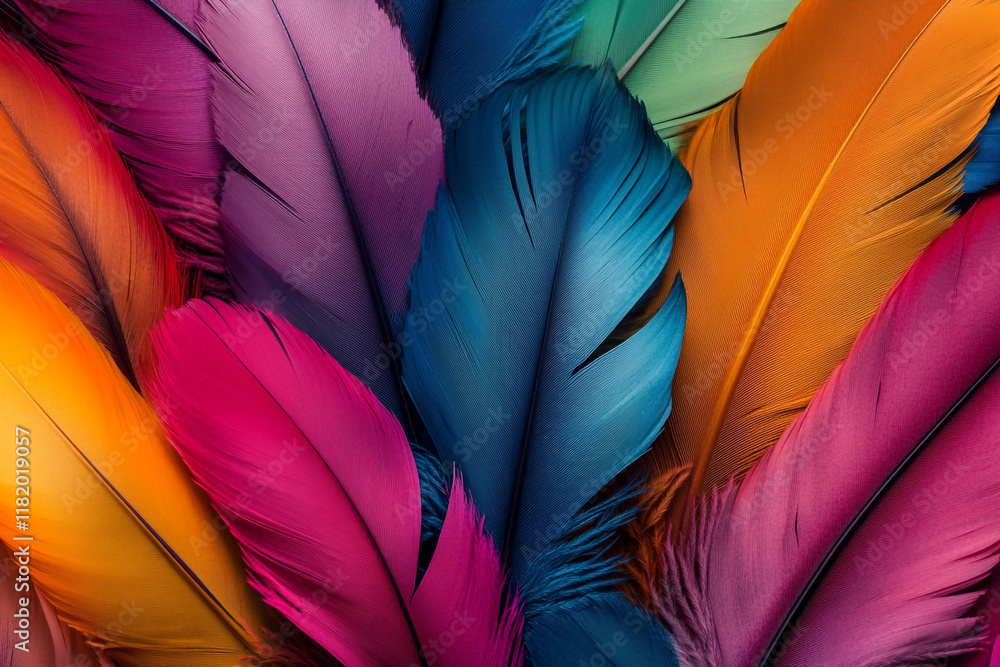 Fototapete a colorful pile of feathers, each one unique in shape and color, creating an intricate pattern that 