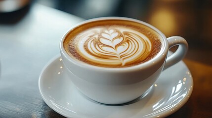 Creamy Coffee with Artistic Latte Art in a White Ceramic Cup